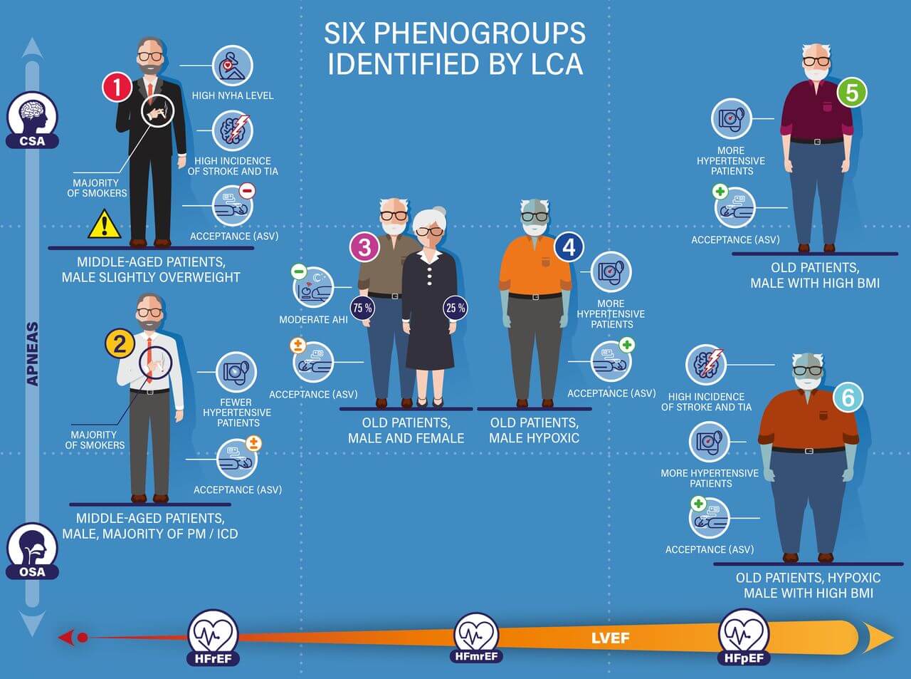 An infographic showing the six phenogroups of heart failure patients enrolled in the FACE registry.