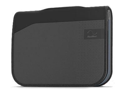 A cut-out of the dark-grey travel bag designed to carry ResMed Air11 devices.