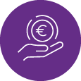 A round purple icon with a white line drawing of a hand holding a euro coin, demoting sponsors.